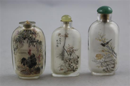 Three Chinese inside-painted glass snuff bottles, 20th century, Richards no.s 40, 106 and 353